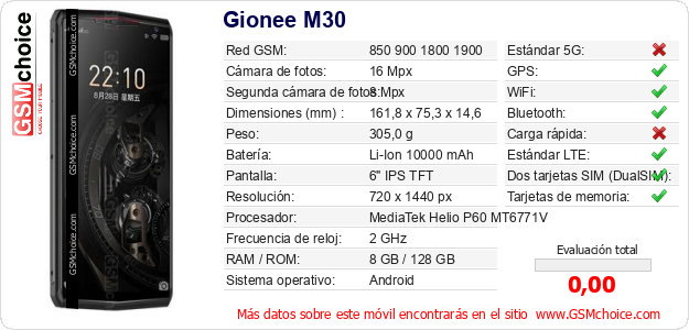 Gionee M30 Datos técnicos del móvil Gionee M30 Datos técnicos del móvil