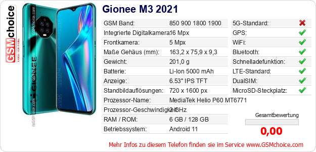 Gionee M3 2021 technische Daten Gionee M3 2021 technische Daten