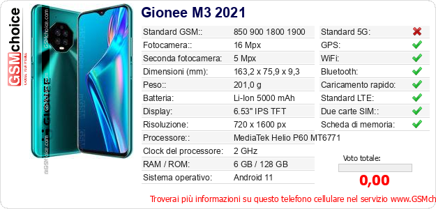 Gionee M3 2021 Dati tecnici di telefono cellulare Gionee M3 2021 Dati tecnici di telefono cellulare