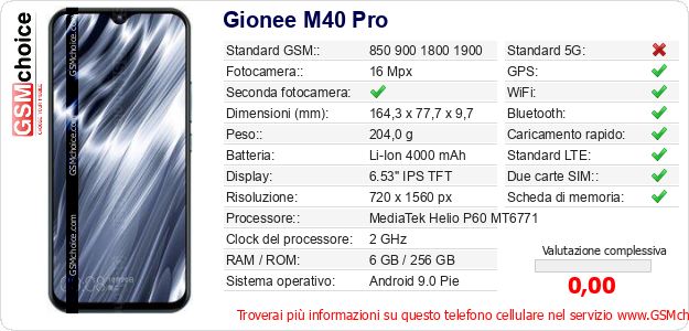 Gionee M40 Pro Dati tecnici di telefono cellulare Gionee M40 Pro Dati tecnici di telefono cellulare