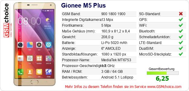 Gionee M5 Plus technische Daten Gionee M5 Plus technische Daten