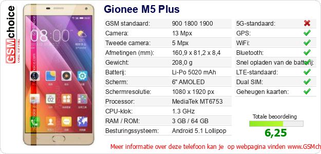 Gionee M5 Plus Technische gegevens 