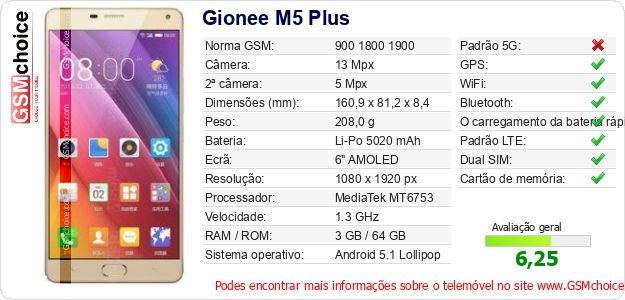 Gionee M5 Plus Especificações técnicas do telemóvel 