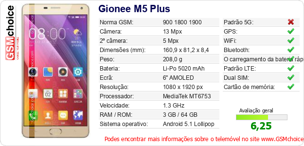 Gionee M5 Plus Especificações técnicas do telemóvel Gionee M5 Plus Especificações técnicas do telemóvel