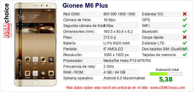 Gionee M6 Plus Datos técnicos del móvil Gionee M6 Plus Datos técnicos del móvil