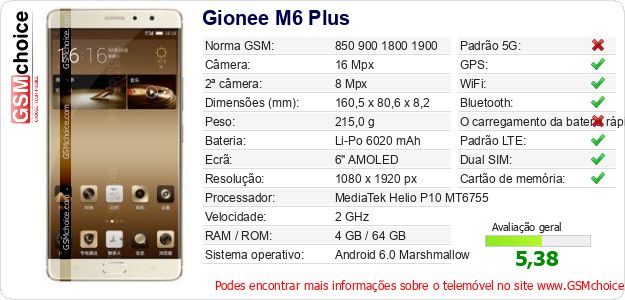 Gionee M6 Plus Especificações técnicas do telemóvel Gionee M6 Plus Especificações técnicas do telemóvel