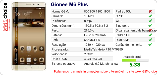 Gionee M6 Plus Especificações técnicas do telemóvel 