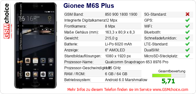 Gionee M6S Plus technische Daten Gionee M6S Plus technische Daten