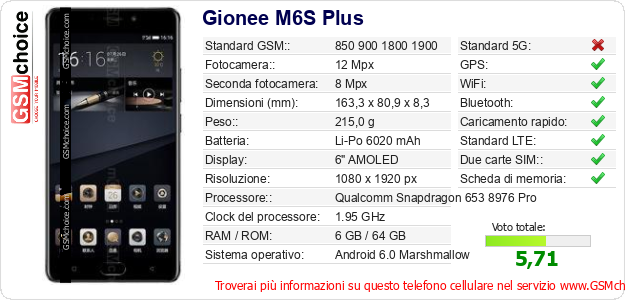 Gionee M6S Plus Dati tecnici di telefono cellulare 