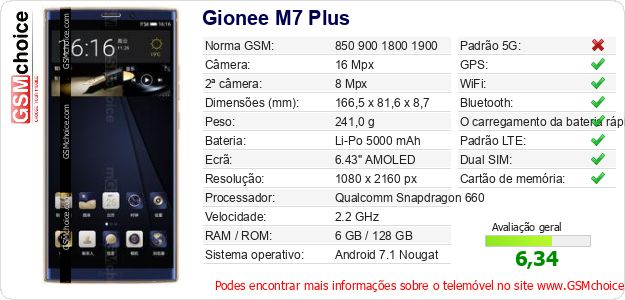 Gionee M7 Plus Especificações técnicas do telemóvel 