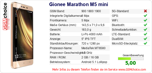 Gionee Marathon M5 mini technische Daten Gionee Marathon M5 mini technische Daten