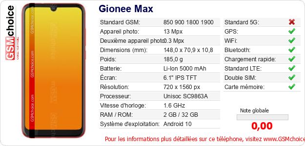 Gionee Max Fiche technique Gionee Max Fiche technique