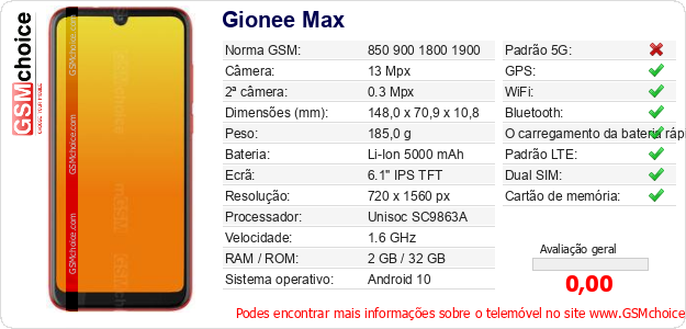 Gionee Max Especificações técnicas do telemóvel 