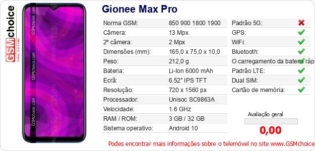 Gionee Max Pro Especificações técnicas do telemóvel 