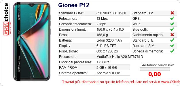 Gionee P12 Dati tecnici di telefono cellulare Gionee P12 Dati tecnici di telefono cellulare