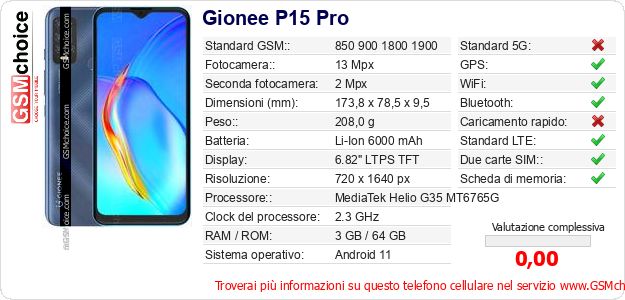 Gionee P15 Pro Dati tecnici di telefono cellulare Gionee P15 Pro Dati tecnici di telefono cellulare