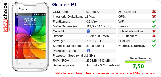 Gionee P1 technische Daten Gionee P1 technische Daten