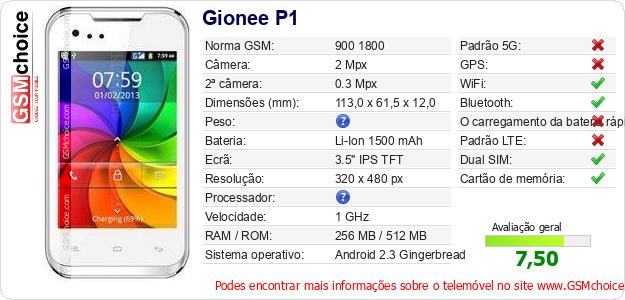 Gionee P1 Especificações técnicas do telemóvel 