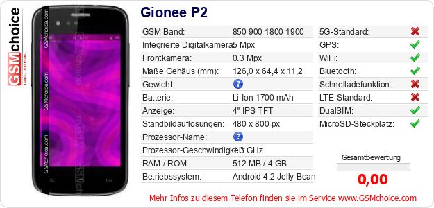 Gionee P2 technische Daten Gionee P2 technische Daten