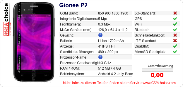 Gionee P2 technische Daten Gionee P2 technische Daten