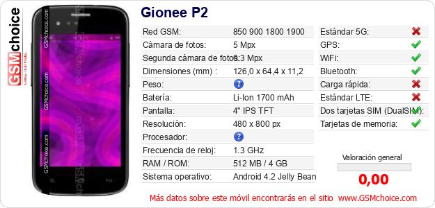 Gionee P2 Datos técnicos del móvil Gionee P2 Datos técnicos del móvil