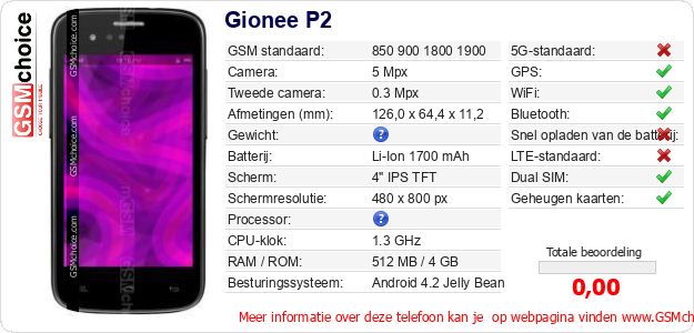 Gionee P2 Technische gegevens Gionee P2 Technische gegevens