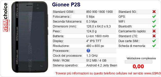 Gionee P2S Dati tecnici di telefono cellulare Gionee P2S Dati tecnici di telefono cellulare