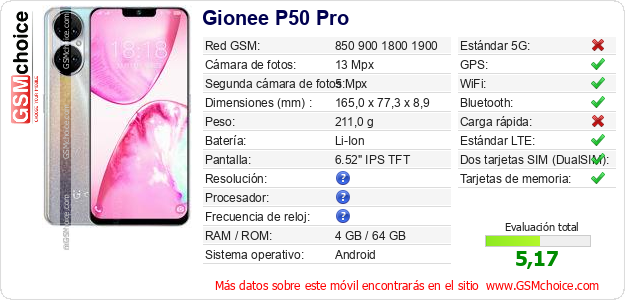 Gionee P50 Pro Datos técnicos del móvil Gionee P50 Pro Datos técnicos del móvil
