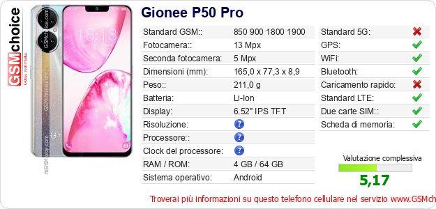 Gionee P50 Pro Dati tecnici di telefono cellulare Gionee P50 Pro Dati tecnici di telefono cellulare