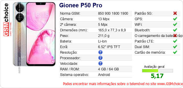 Gionee P50 Pro Especificações técnicas do telemóvel Gionee P50 Pro Especificações técnicas do telemóvel
