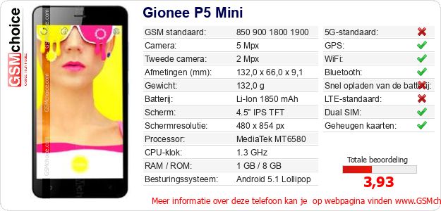 Gionee P5 Mini Technische gegevens Gionee P5 Mini Technische gegevens