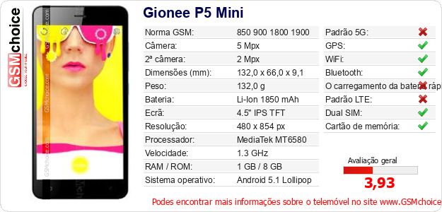 Gionee P5 Mini Especificações técnicas do telemóvel Gionee P5 Mini Especificações técnicas do telemóvel