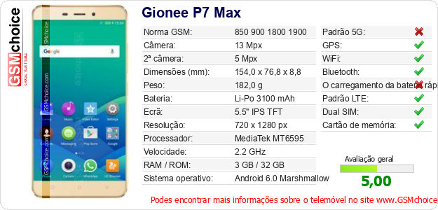 Gionee P7 Max Especificações técnicas do telemóvel Gionee P7 Max Especificações técnicas do telemóvel