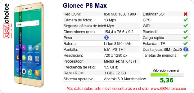 Gionee P8 Max Datos técnicos del móvil Gionee P8 Max Datos técnicos del móvil