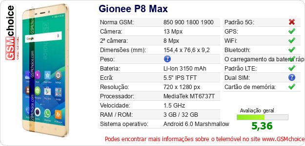 Gionee P8 Max Especificações técnicas do telemóvel Gionee P8 Max Especificações técnicas do telemóvel