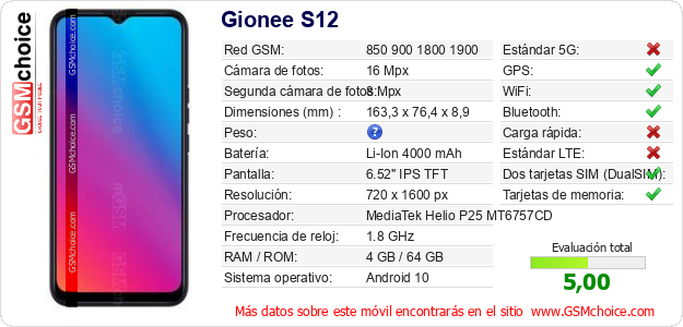 Gionee S12 Datos técnicos del móvil Gionee S12 Datos técnicos del móvil
