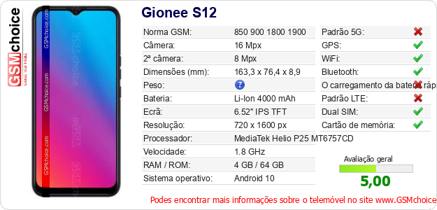 Gionee S12 Especificações técnicas do telemóvel Gionee S12 Especificações técnicas do telemóvel