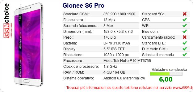 Gionee S6 Pro Dati tecnici di telefono cellulare Gionee S6 Pro Dati tecnici di telefono cellulare