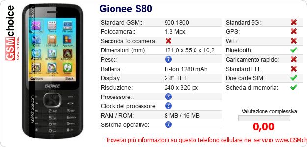 Gionee S80 Dati tecnici di telefono cellulare Gionee S80 Dati tecnici di telefono cellulare