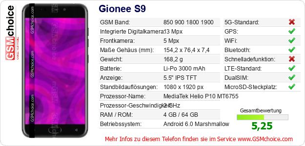 Gionee S9 technische Daten Gionee S9 technische Daten
