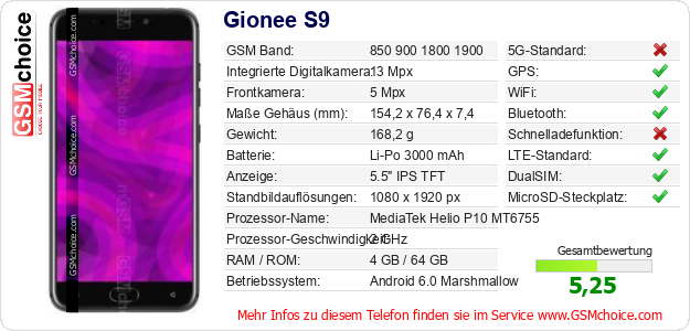 Gionee S9 technische Daten Gionee S9 technische Daten