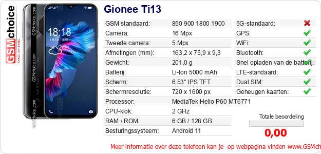Gionee Ti13 Technische gegevens Gionee Ti13 Technische gegevens