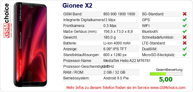Gionee X2 technische Daten Gionee X2 technische Daten