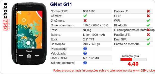GNet G11 Especificações técnicas do telemóvel GNet G11 Especificações técnicas do telemóvel
