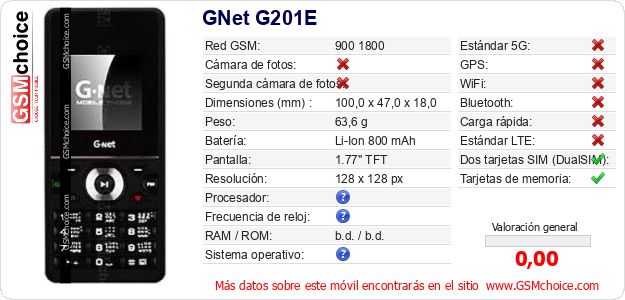 GNet G201E Datos técnicos del móvil GNet G201E Datos técnicos del móvil
