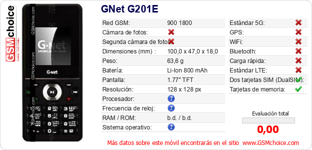 GNet G201E Datos técnicos del móvil 