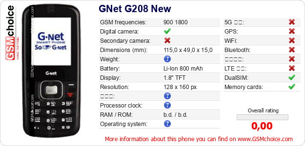GNet G208 New 手機技術數據