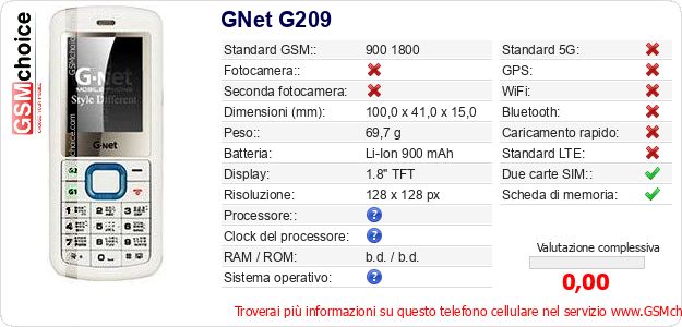GNet G209 Dati tecnici di telefono cellulare GNet G209 Dati tecnici di telefono cellulare