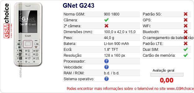 GNet G243 Especificações técnicas do telemóvel GNet G243 Especificações técnicas do telemóvel
