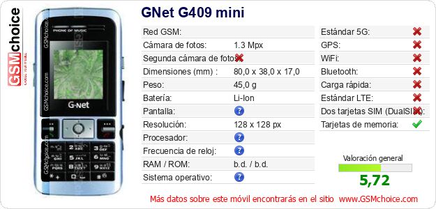 GNet G409 mini Datos técnicos del móvil GNet G409 mini Datos técnicos del móvil